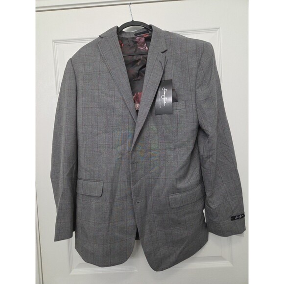 Sean John Glen Plaid Suit Jacket Mens 44L Grey Red Classic-Fit